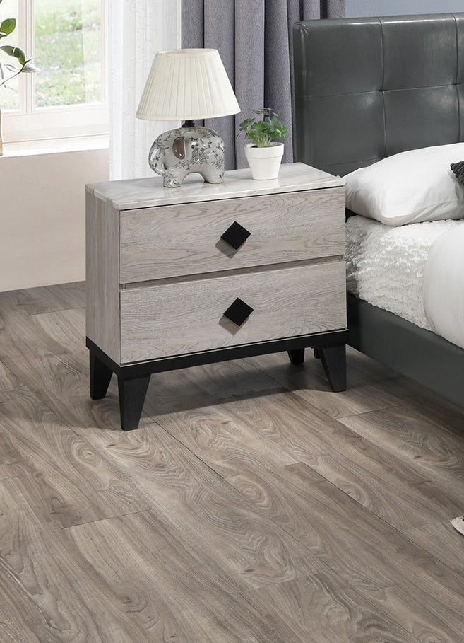 Gray washed wood twodrawer nightstand with diamondshaped black pulls