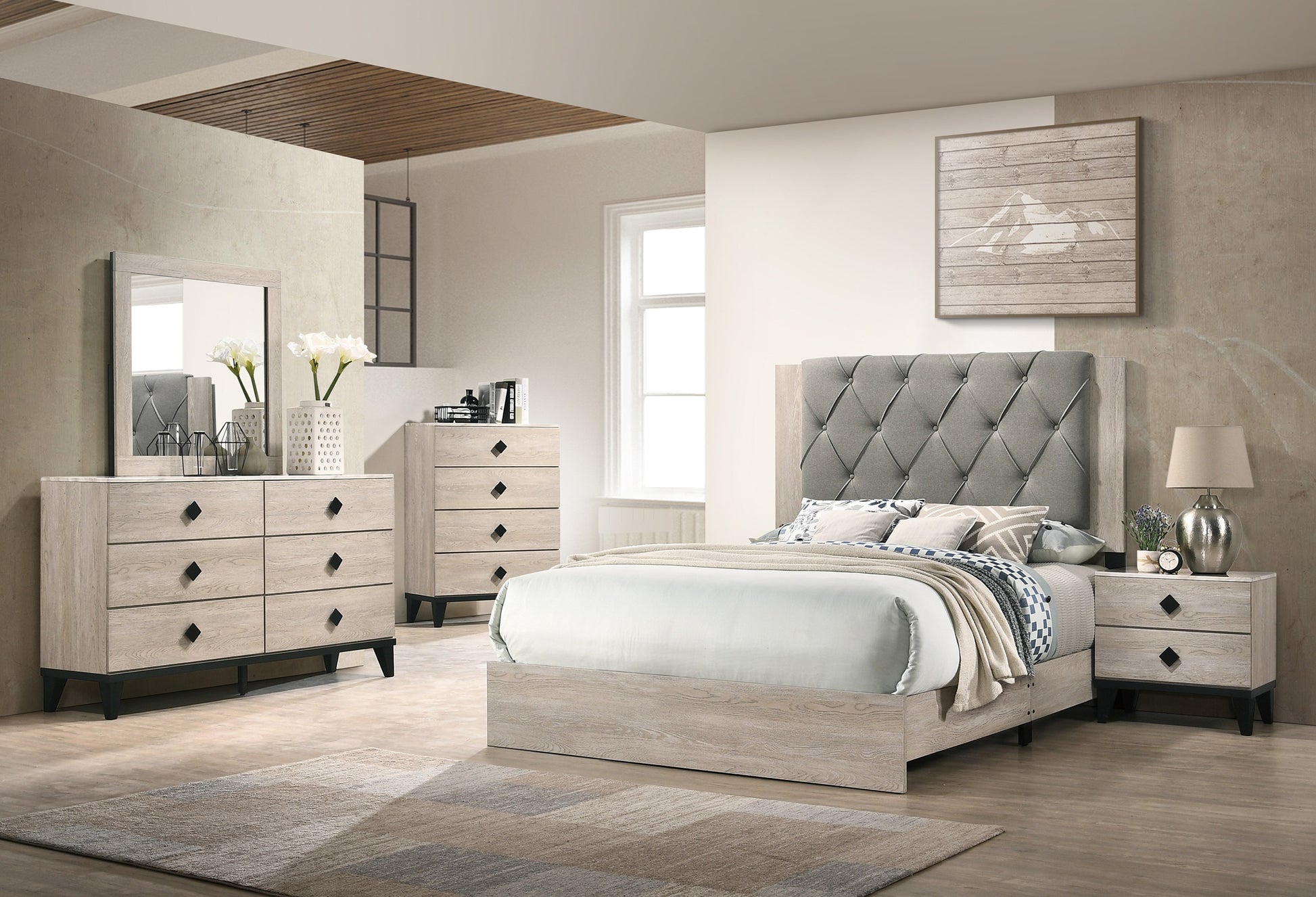 Modern grey upholstered tufted queen bed frame with light wood finish