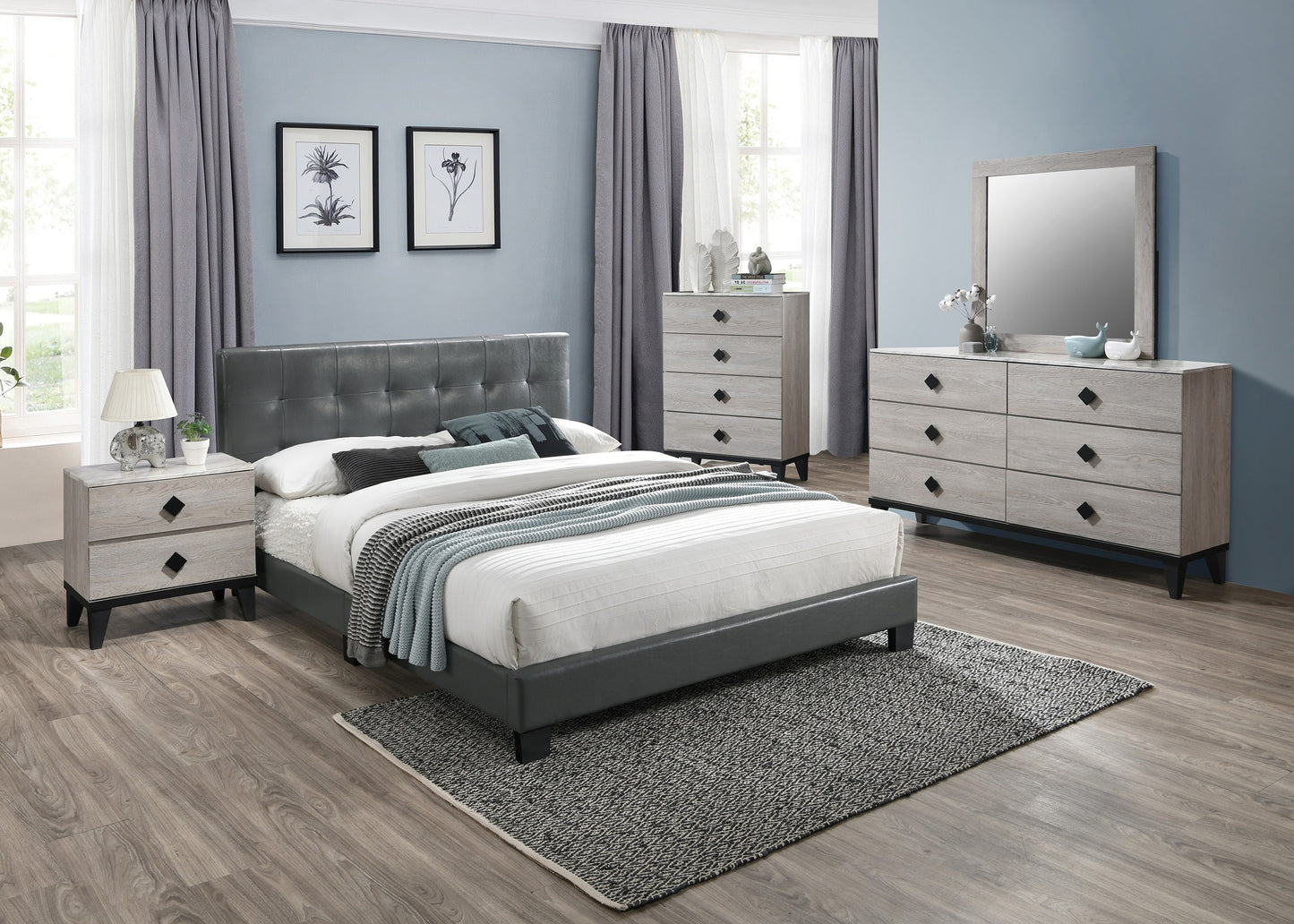 Grey upholstered tufted headboard queen bed with textured throw blankets and pillows