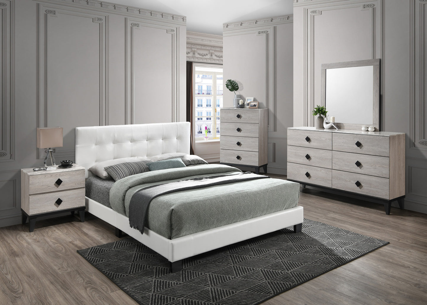 White upholstered platform bed frame with button tufting