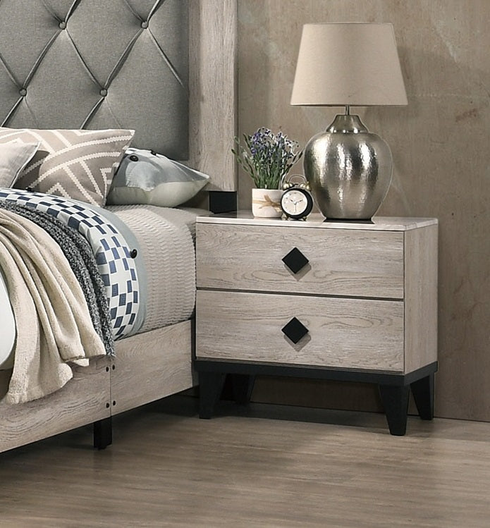 Rustic oak nightstand with two diamondshaped drawer pulls