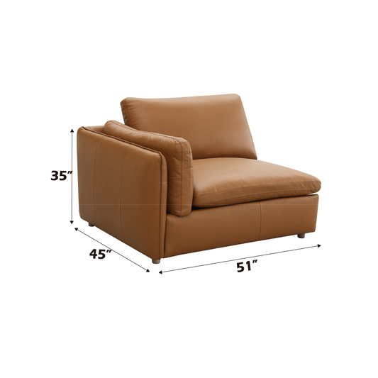 Leftarm facing section sofa in tan leather with plush cushions and subtle stitching detail