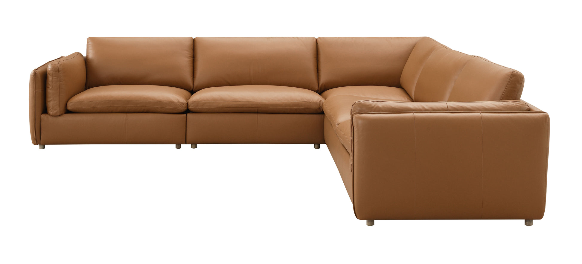 Luxurious tan leather sectional sofa with plush cushions and modern metal legs