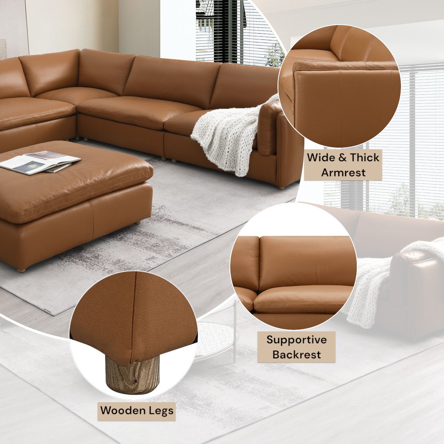 Brown leather sectional sofa with wide armrests and ottoman