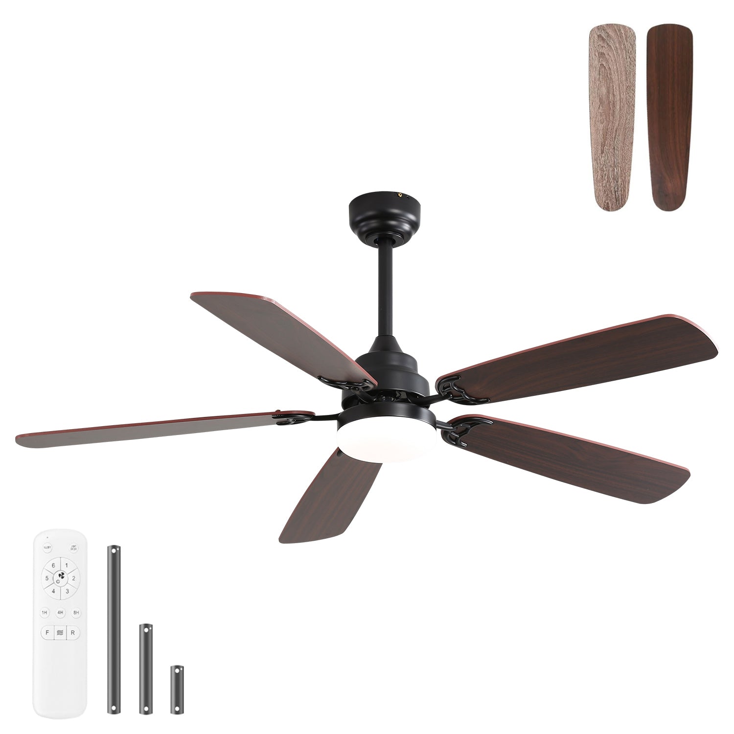 Black fiveblade ceiling fan with dark wood blades and LED light includes remote