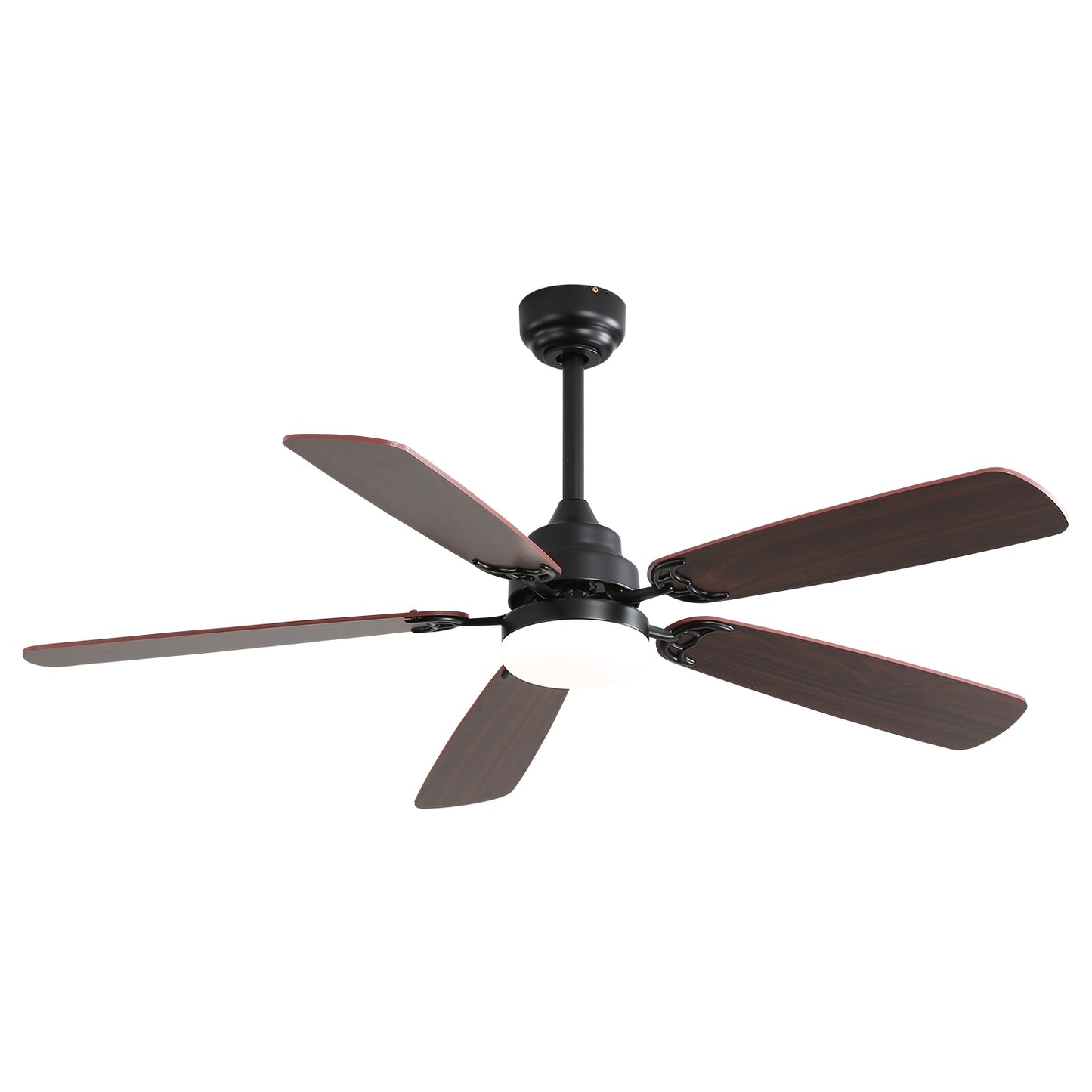 Black fiveblade ceiling fan with dark woodgrain blades and integrated LED light