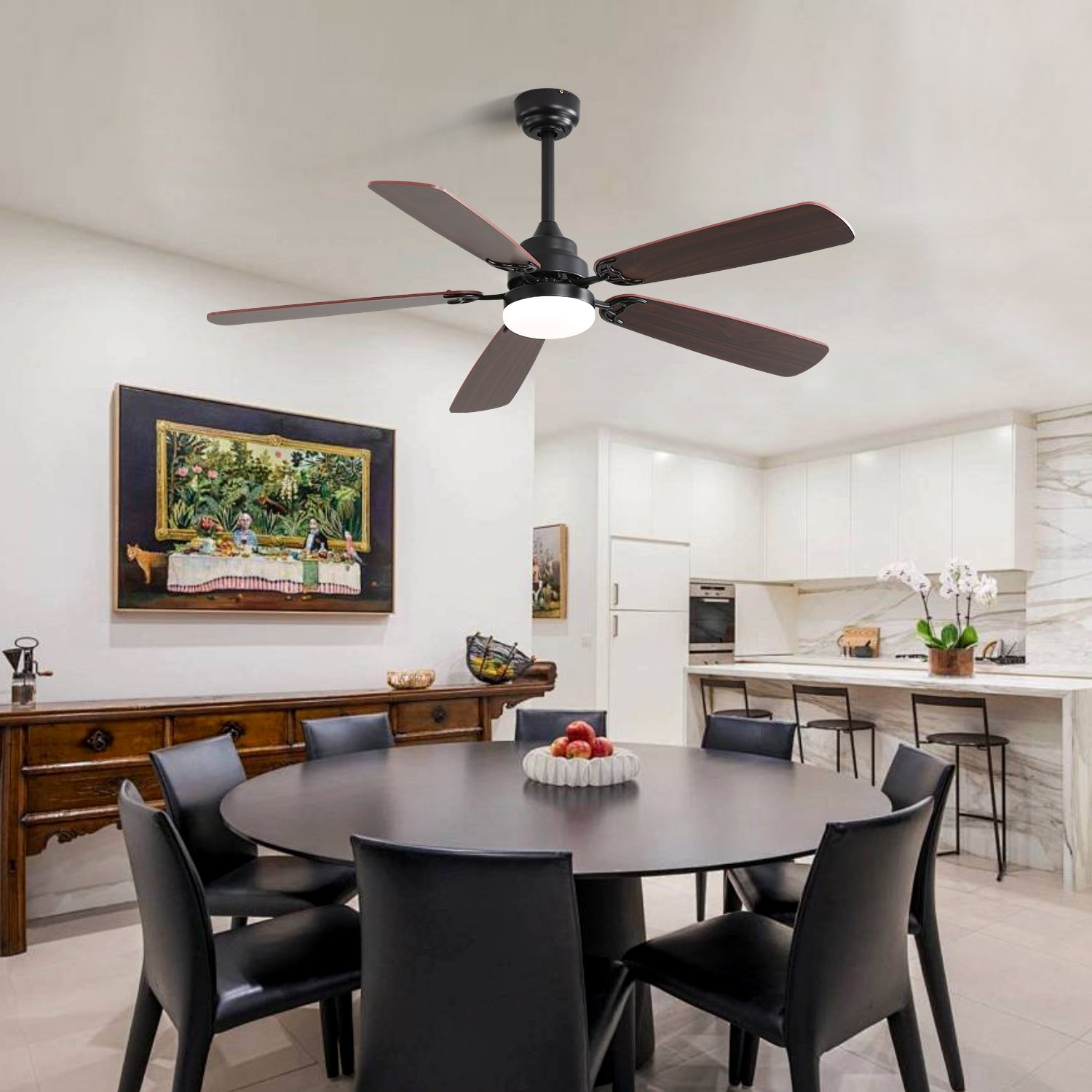 Black ceiling fan with five dark wood blades and integrated LED light