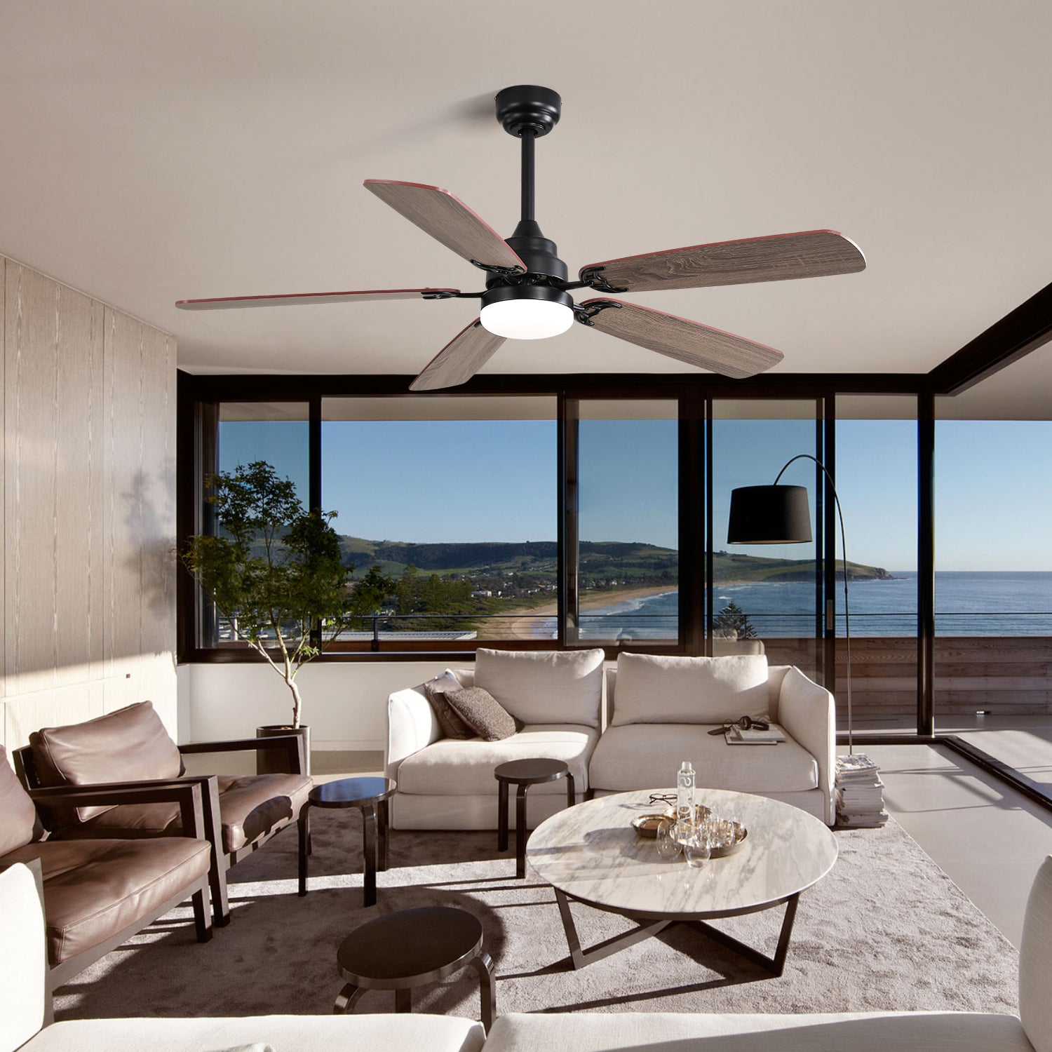 Black ceiling fan with five woodlook blades and a white light fixture