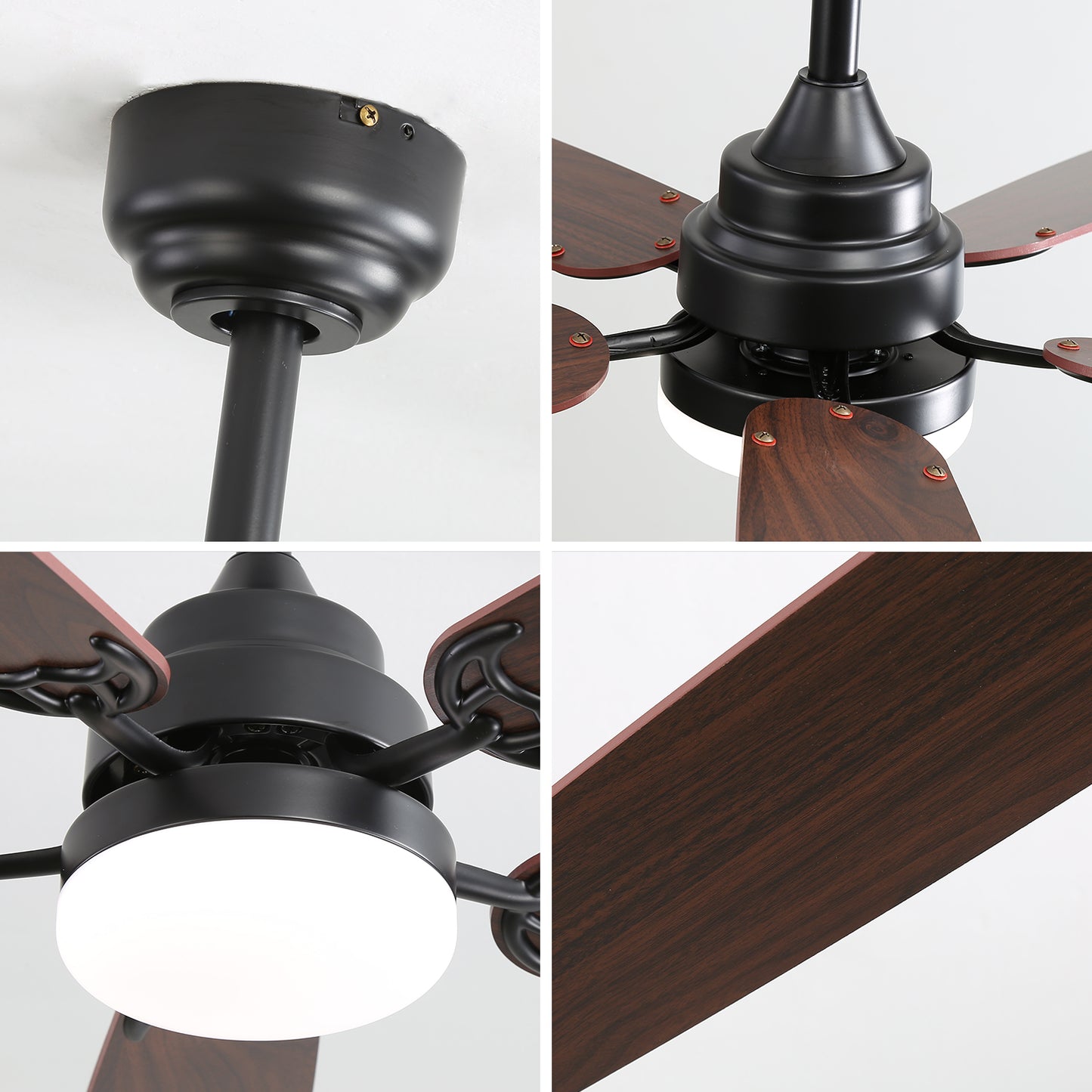 Black ceiling fan with dark wood blades and integrated LED light
