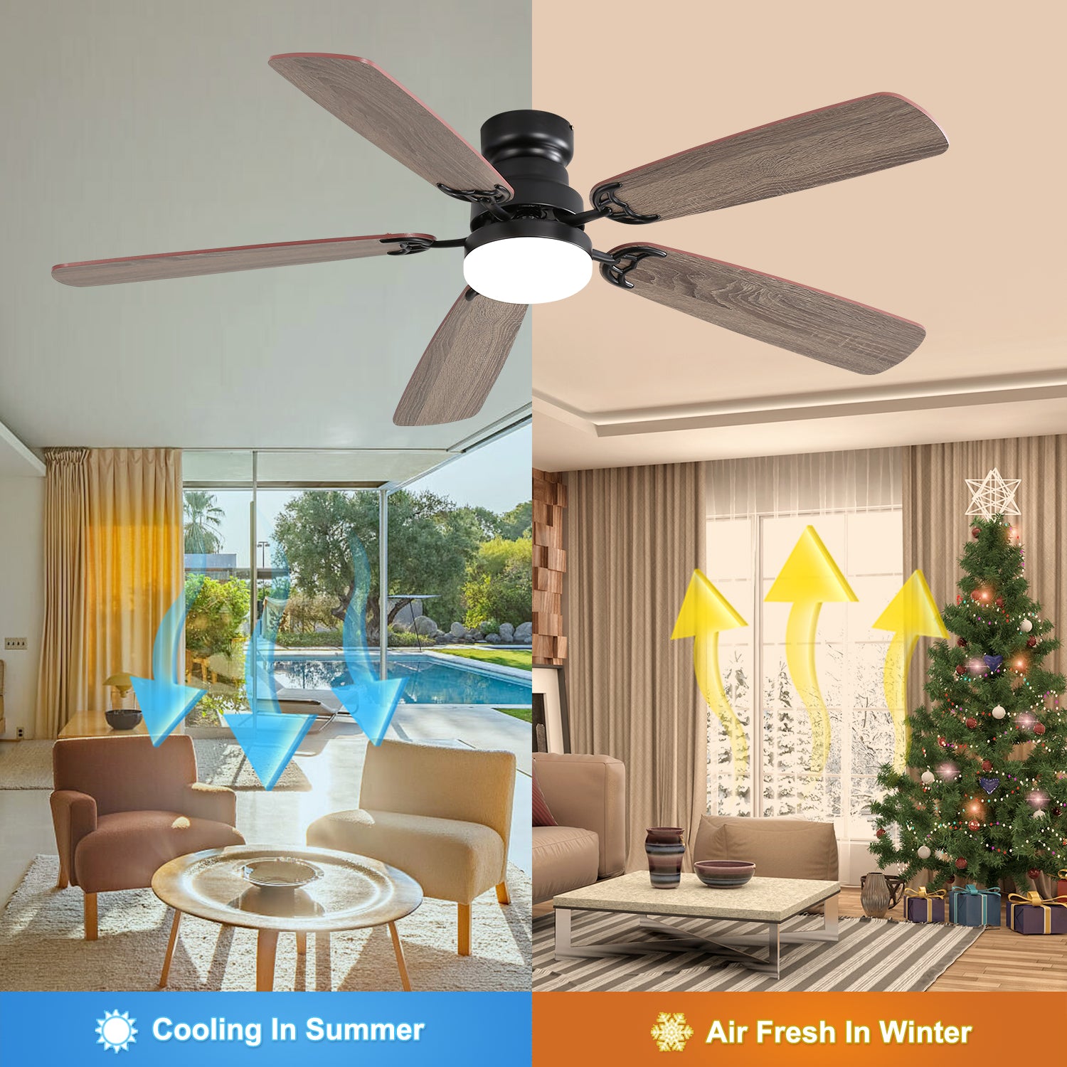 Black ceiling fan with five reversible woodgrain blades and integrated light