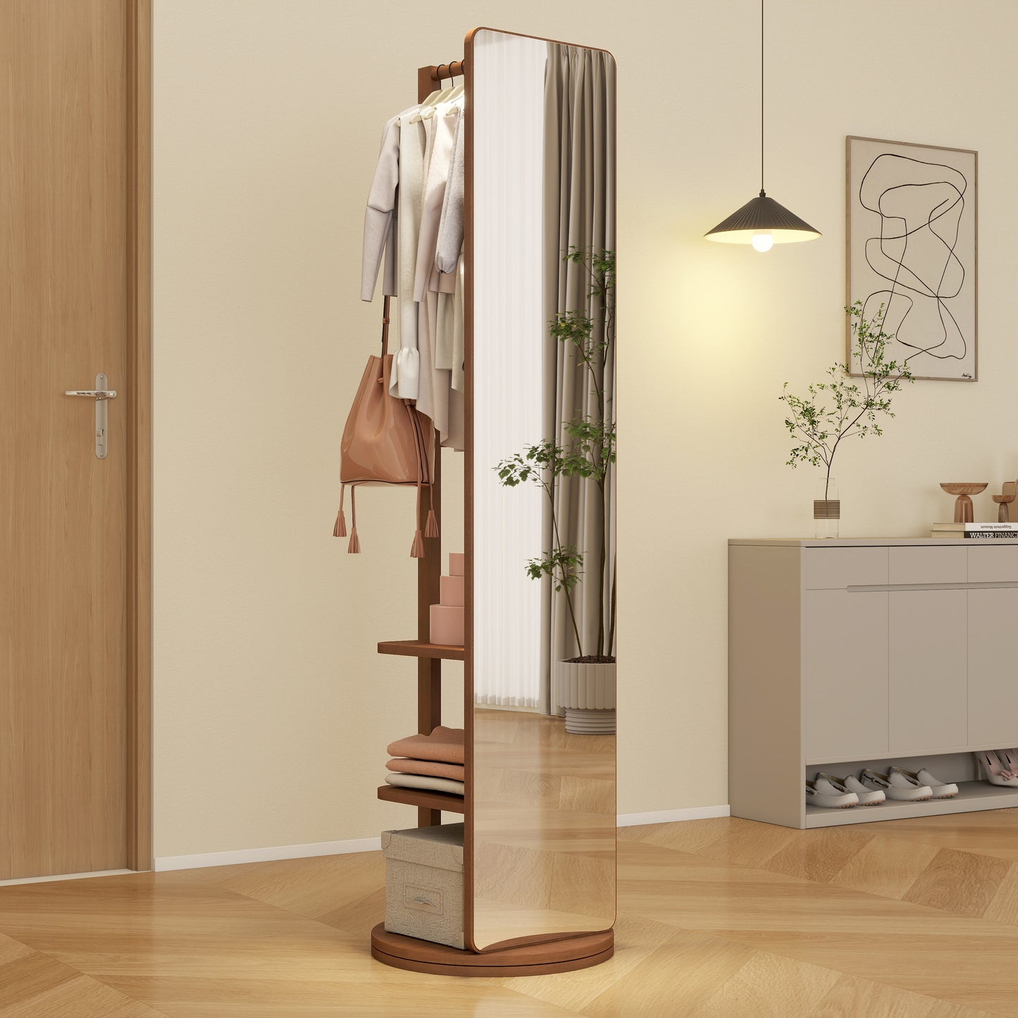 Fulllength spinning wardrobe mirror with wooden frame and integrated garment rack and shelves