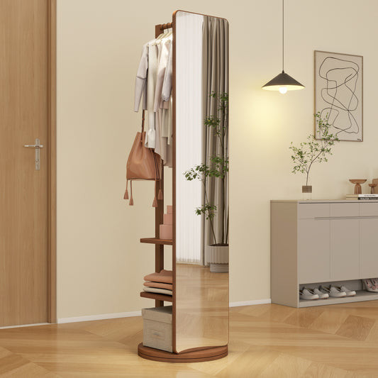 Fulllength spinning wardrobe mirror with wooden frame and integrated garment rack and shelves