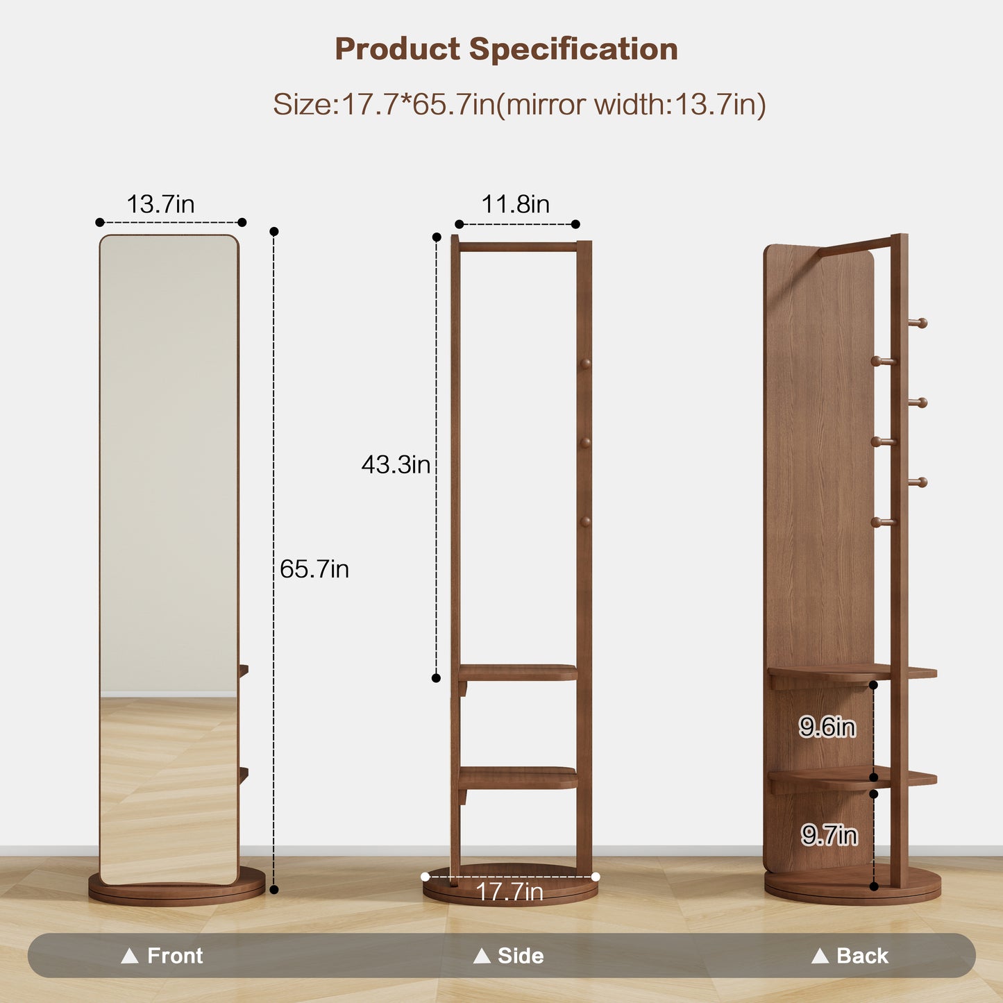 Full length standing mirror with walnut finish and storage shelves in width
