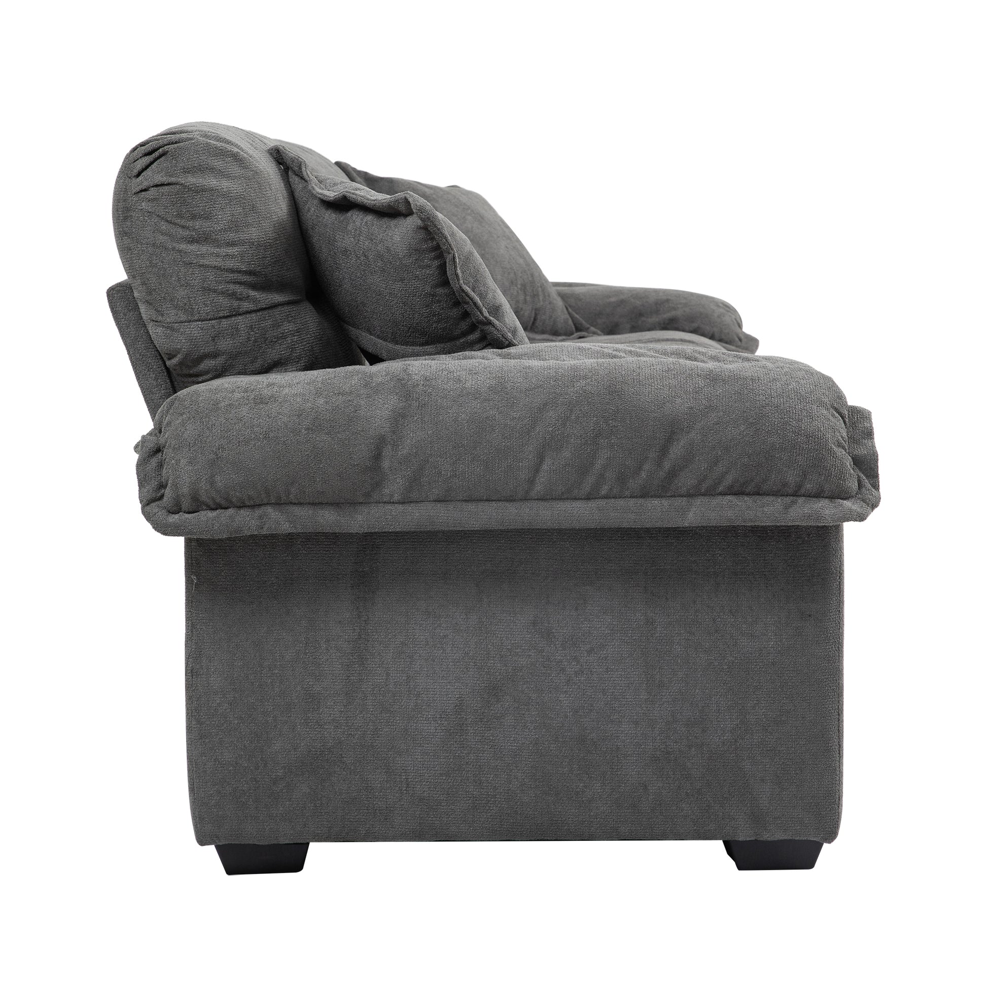 Plush gray microfiber sofa with deep seat cushions and rolled arms perfect for modern living rooms