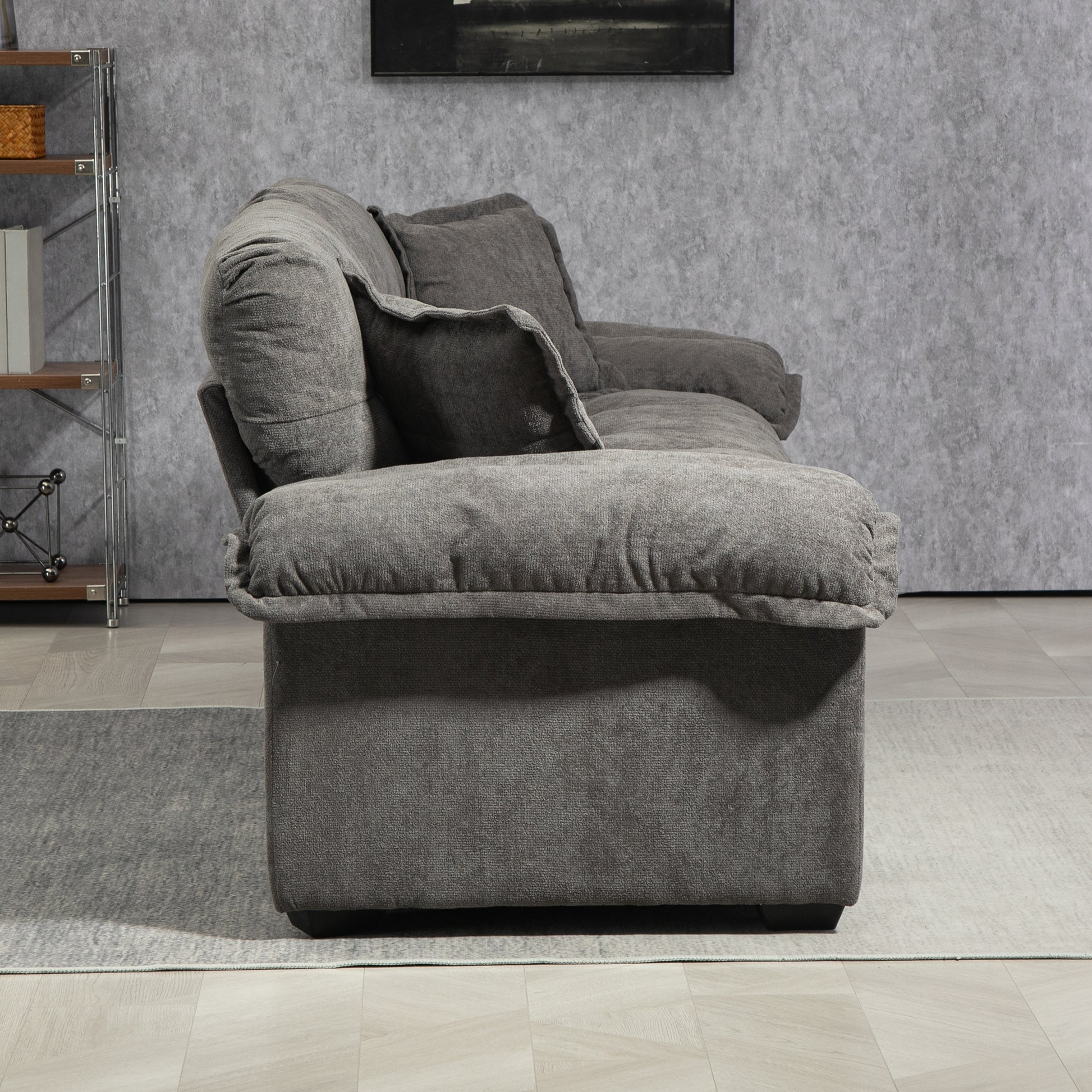 Deep gray chenille sofa with plush comfortable cushions ideal for living room relaxation