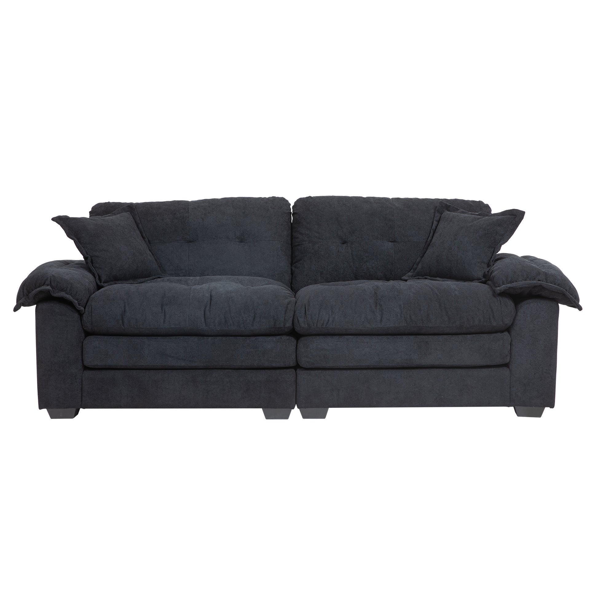 Plush dark gray fabric sofa with deep seat cushions and two throw pillows for modern living rooms