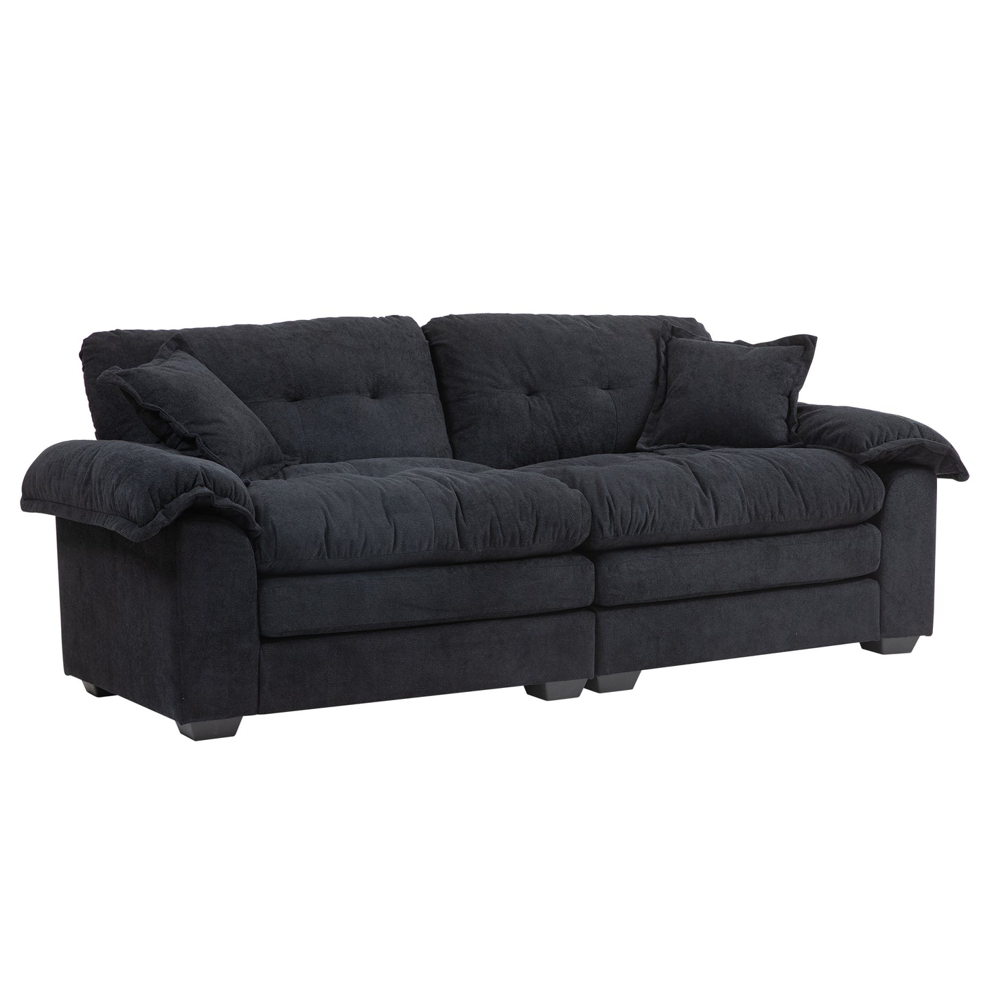 Deep charcoal fabric sofa with plush cushions and square arms perfect for modern living rooms