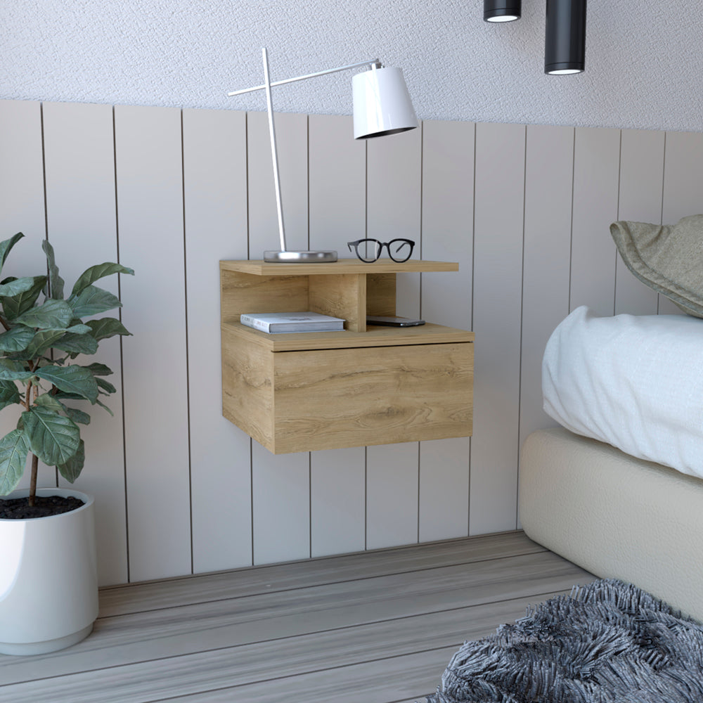 Modern floating nightstand with natural wood finish and drawer