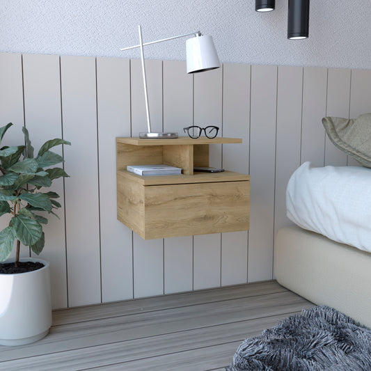 Modern floating nightstand with natural wood finish and drawer