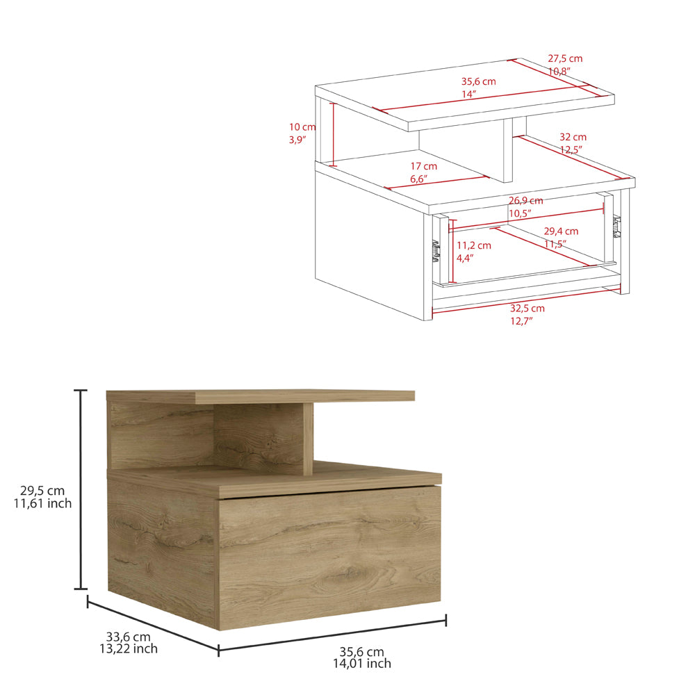 Wooden nightstand with drawer and floating shelf design