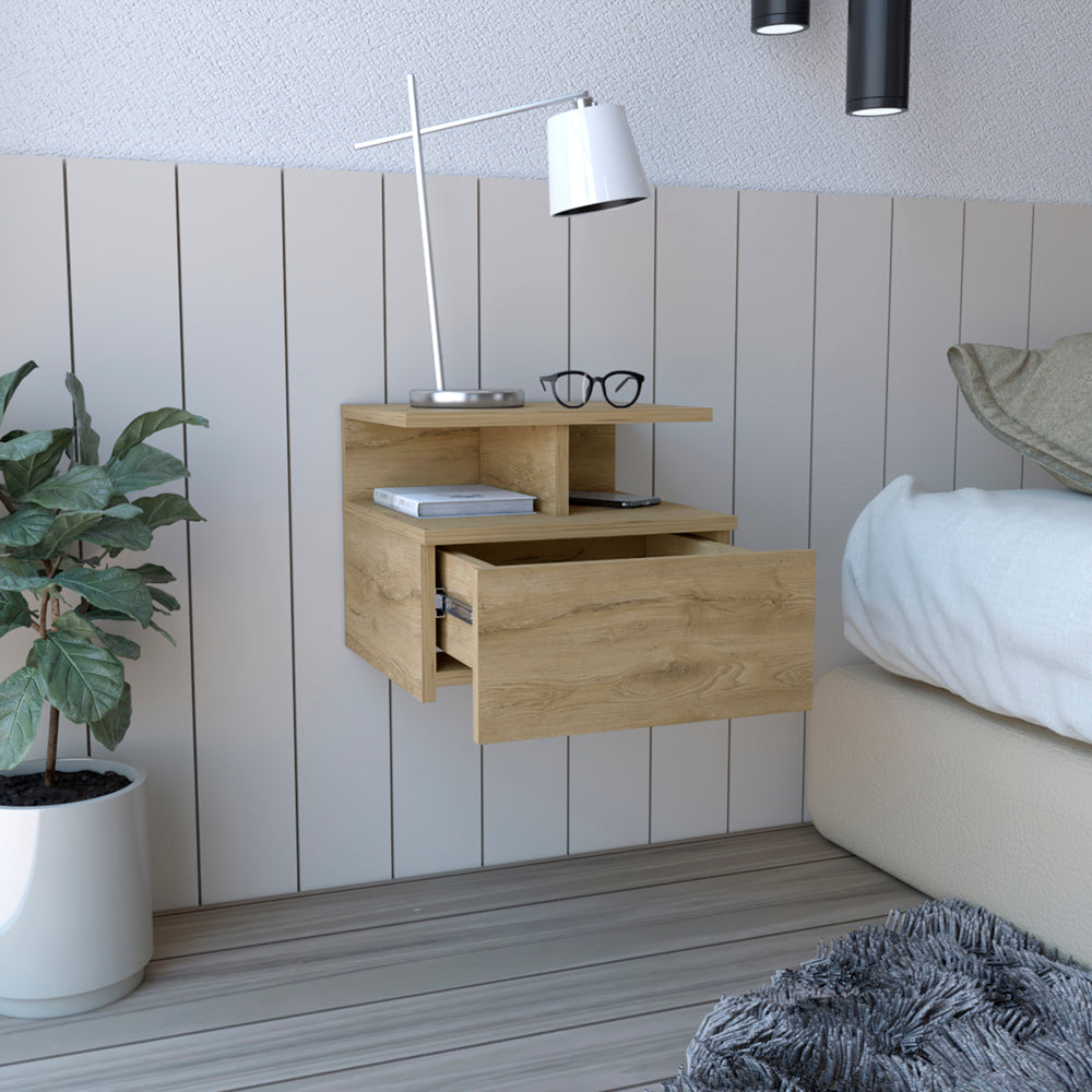 Floating wood nightstand with open drawer and shelf
