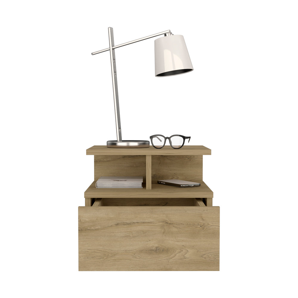 Modern oak veneer nightstand with open shelf and drawer holding book and phone