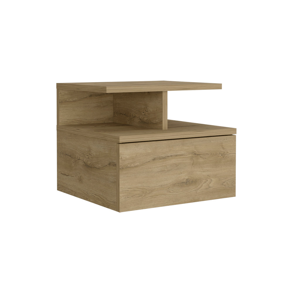 Modern oak veneer nightstand with one drawer and an open shelf