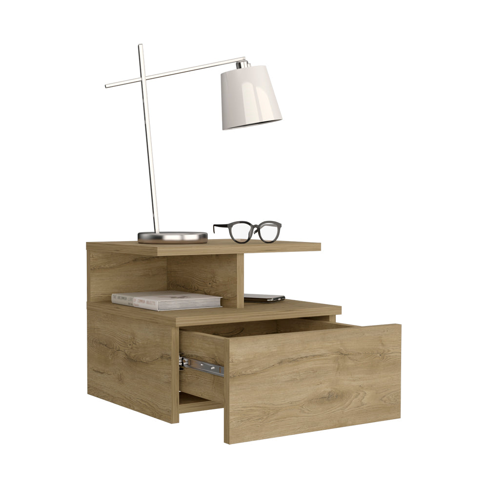 Modern oak veneer nightstand with open shelf and open drawer