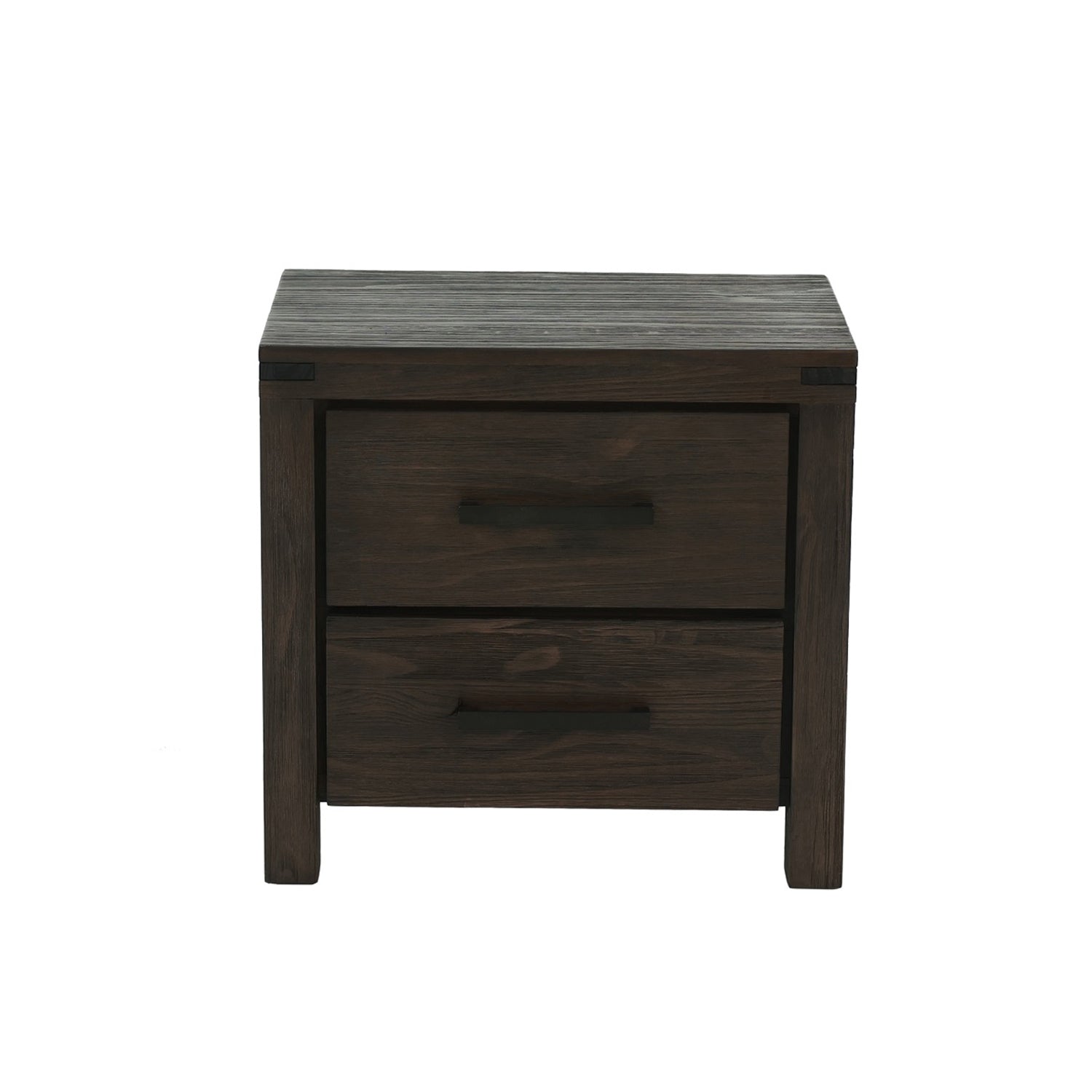 Dark wood twodrawer nightstand with black drawer pulls and rustic accents