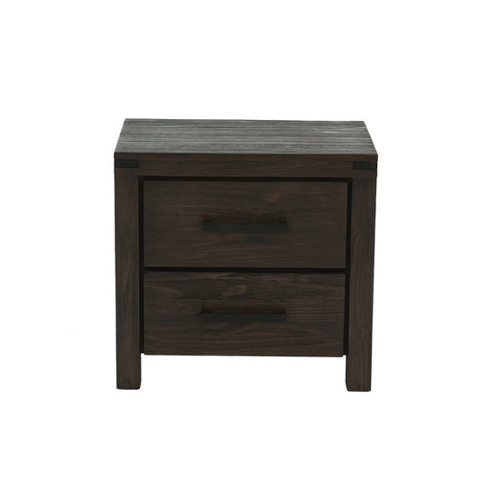 Dark wood twodrawer nightstand with black drawer pulls and rustic accents