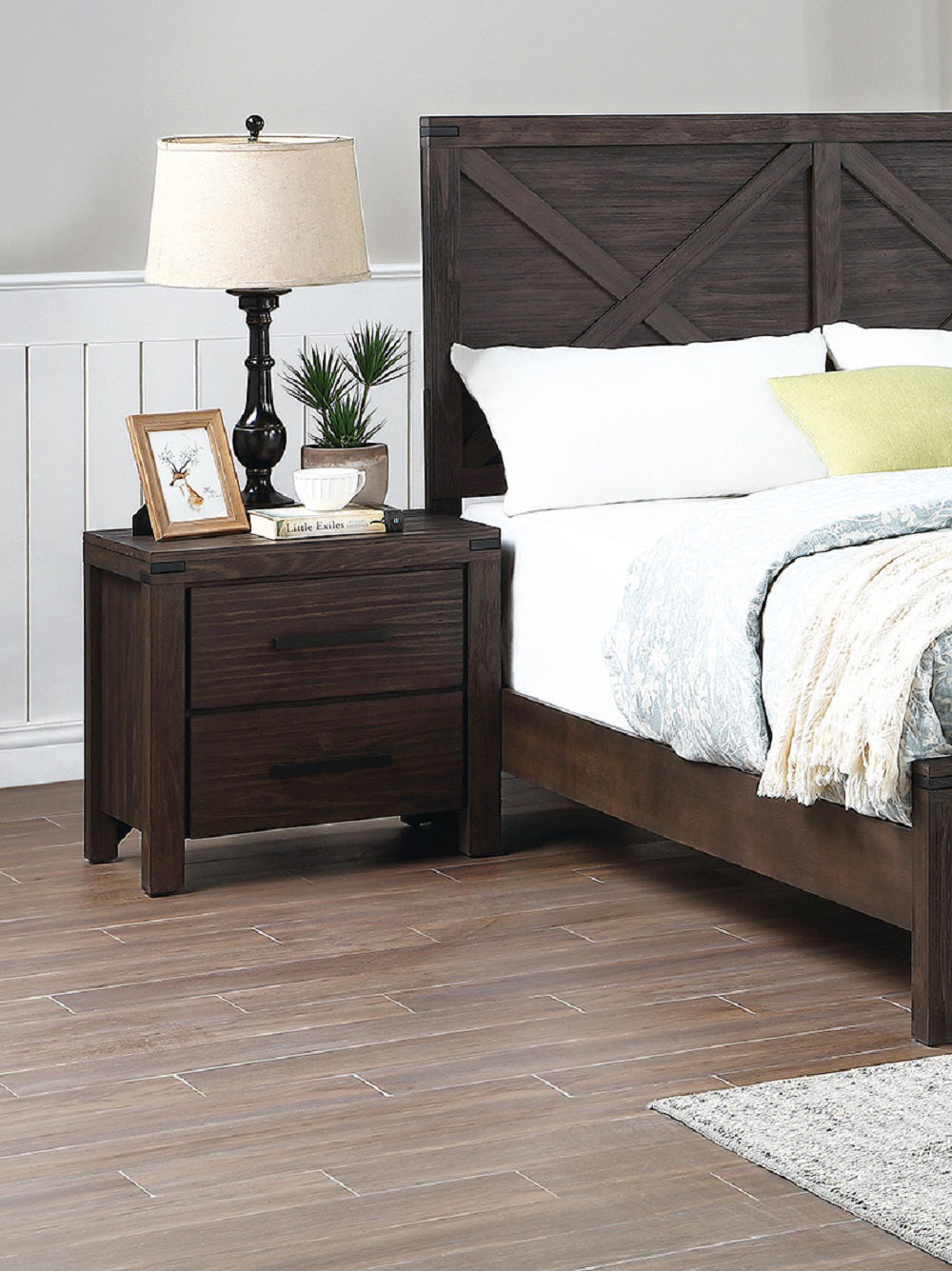 Dark wood nightstand with two drawers and black handles bedside table