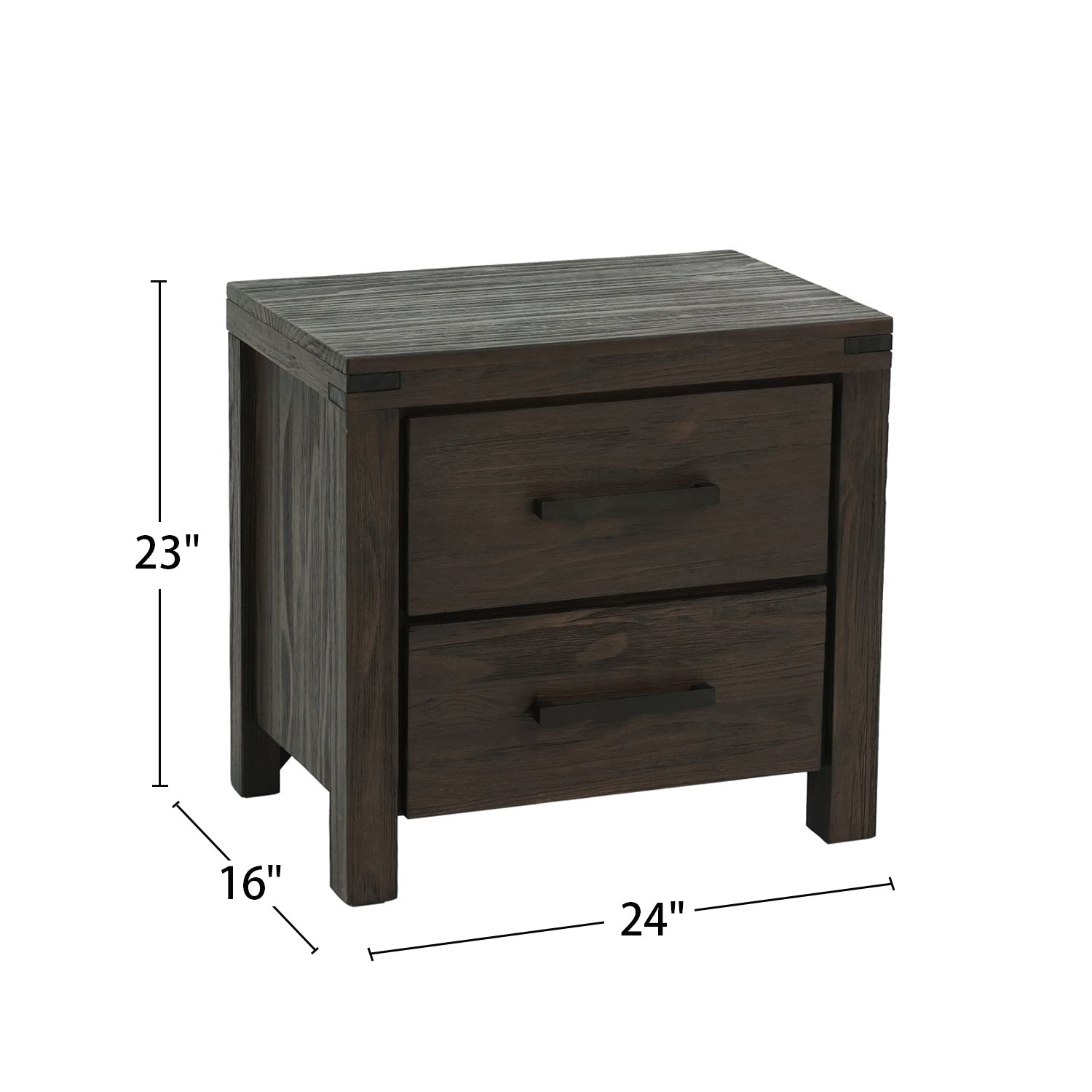Dark wood twodrawer nightstand with metal handles and modern design
