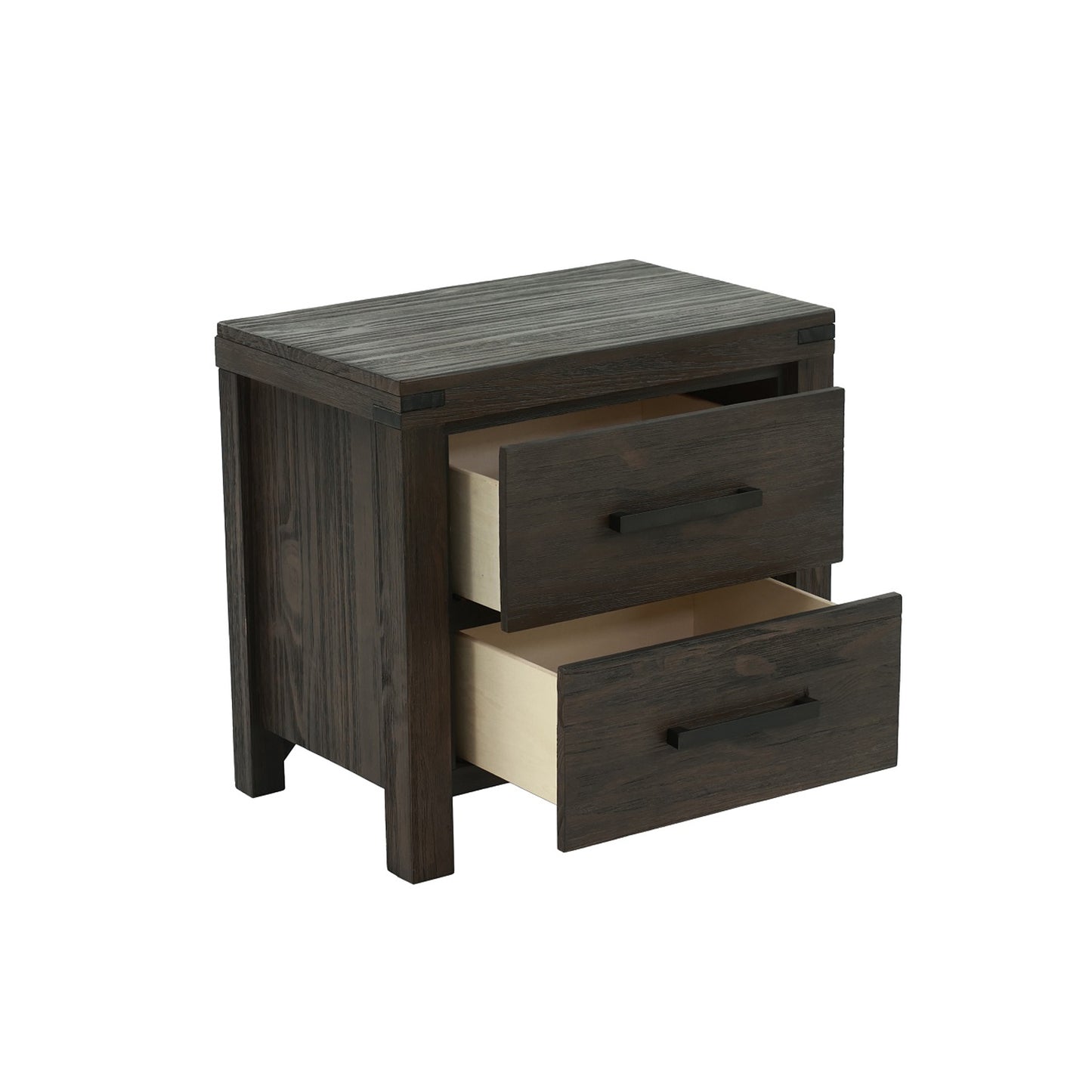 Dark oak wood nightstand with two open drawers and black hardware
