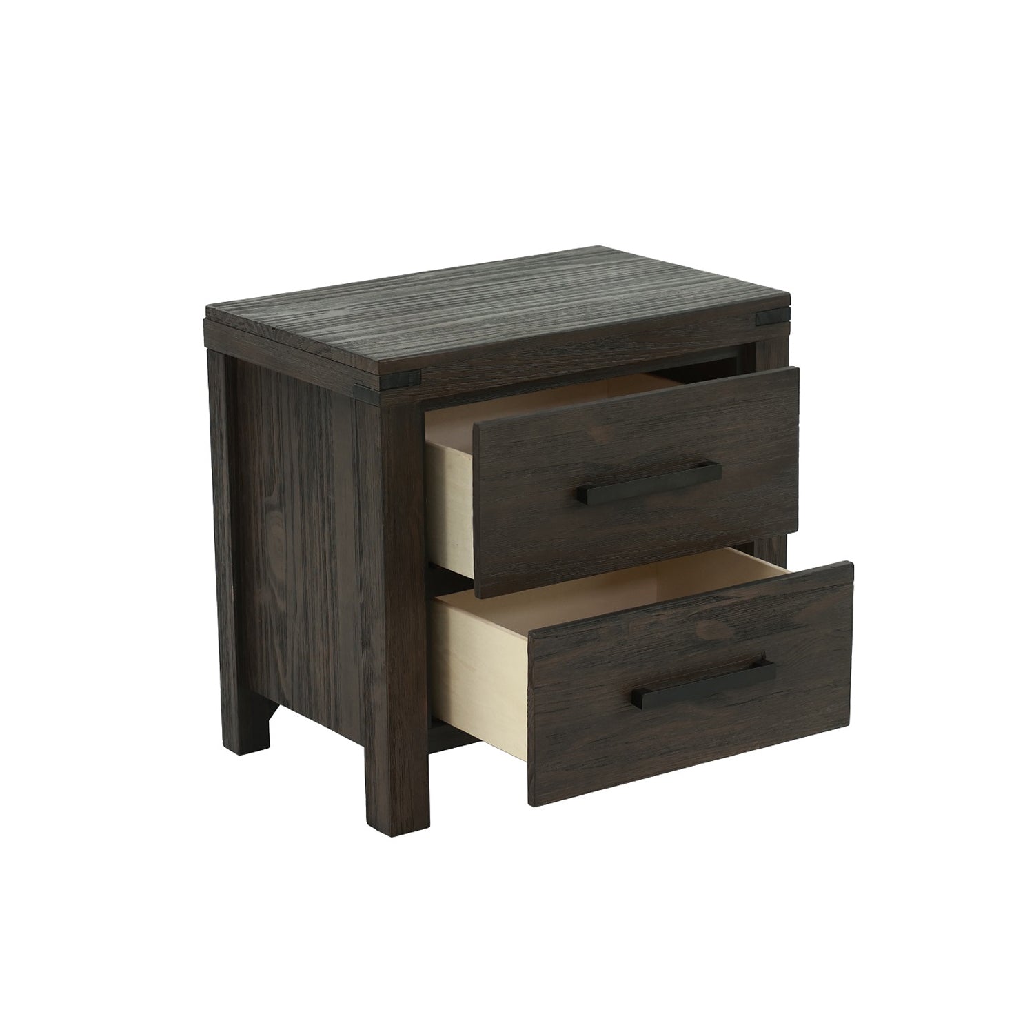 Dark oak wood nightstand with two open drawers and black hardware