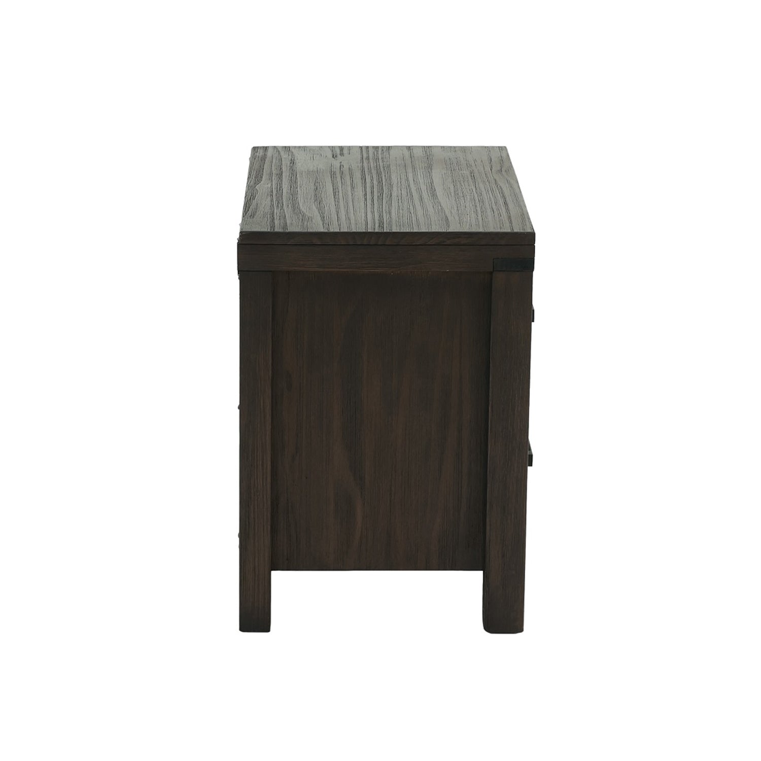 Dark wood grain nightstand with metal accents side view rustic design