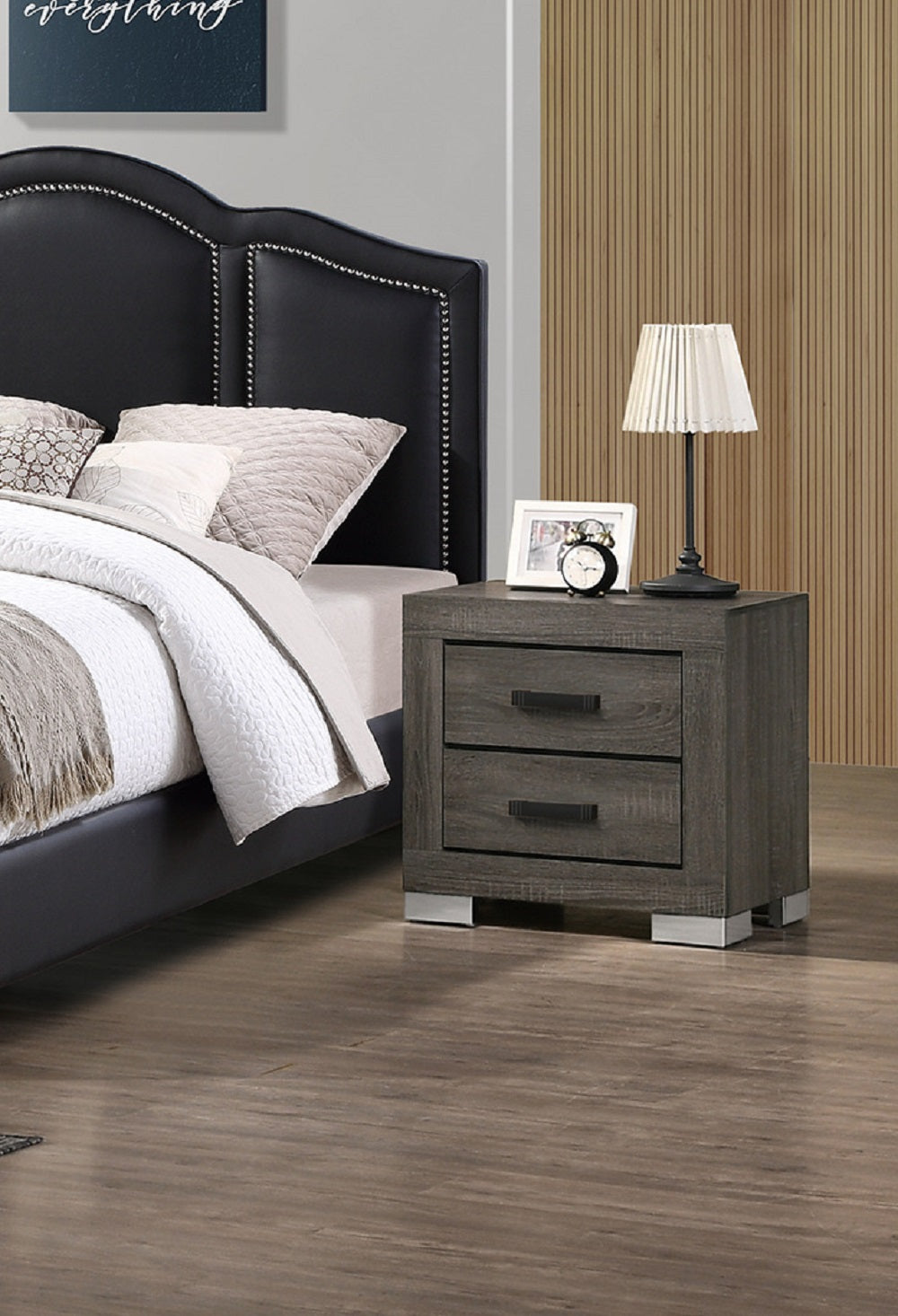 Dark grey wood nightstand with two drawers and silver feet