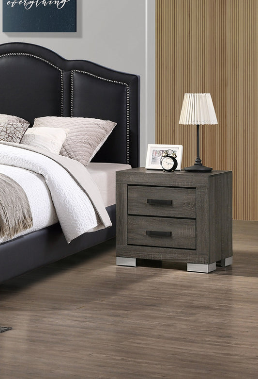 Dark grey wood nightstand with two drawers and silver feet