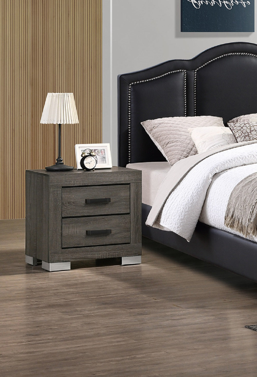 Dark gray wood twodrawer nightstand with silver accents on feet