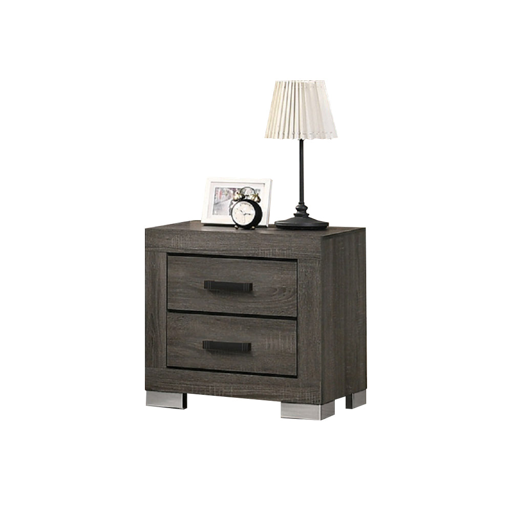 Dark gray wood nightstand with two drawers and silver legs