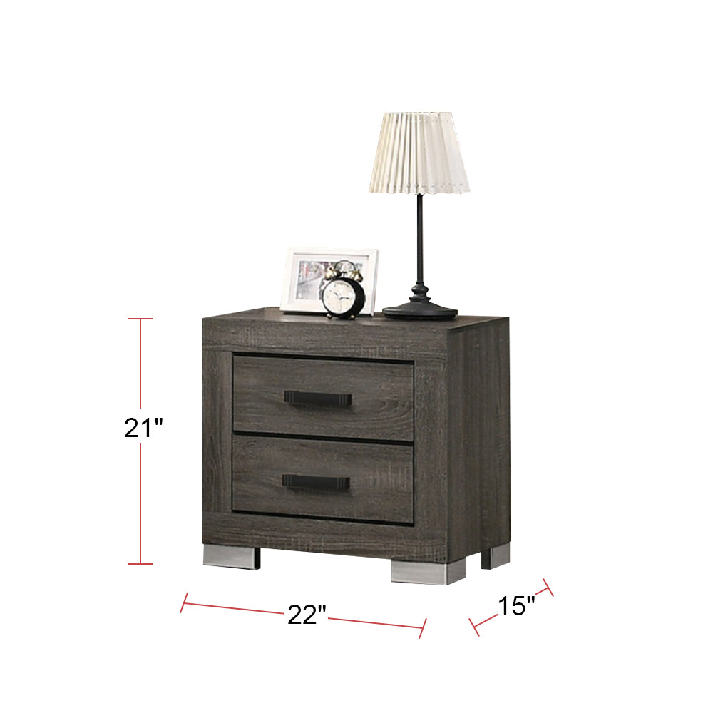 Dark gray wooden nightstand with two drawers and silver accents