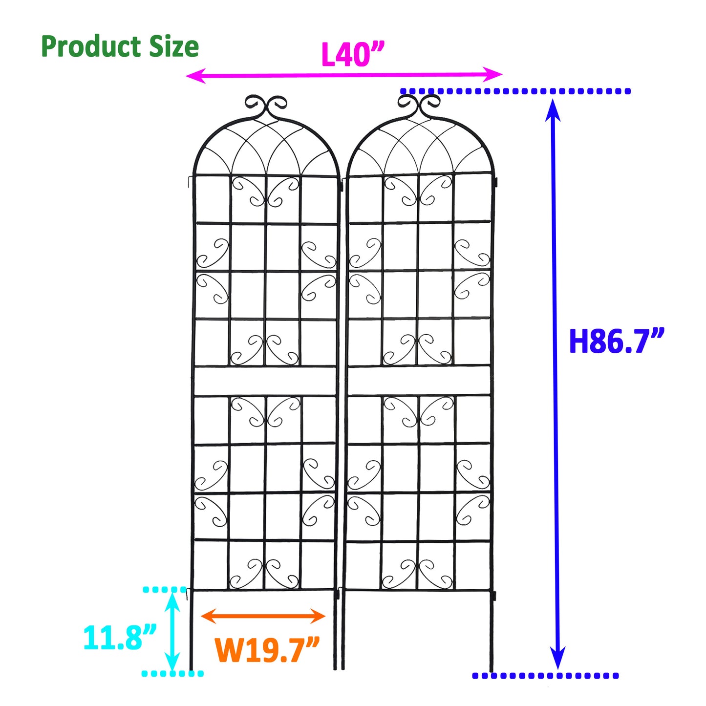 Black metal garden trellis with scroll accents  inches tall