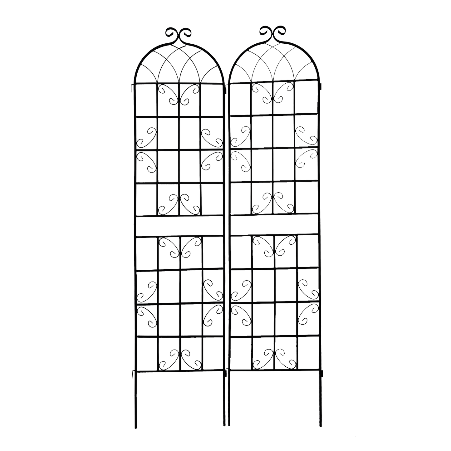 Black metal garden trellis with arched top and scroll details two panels