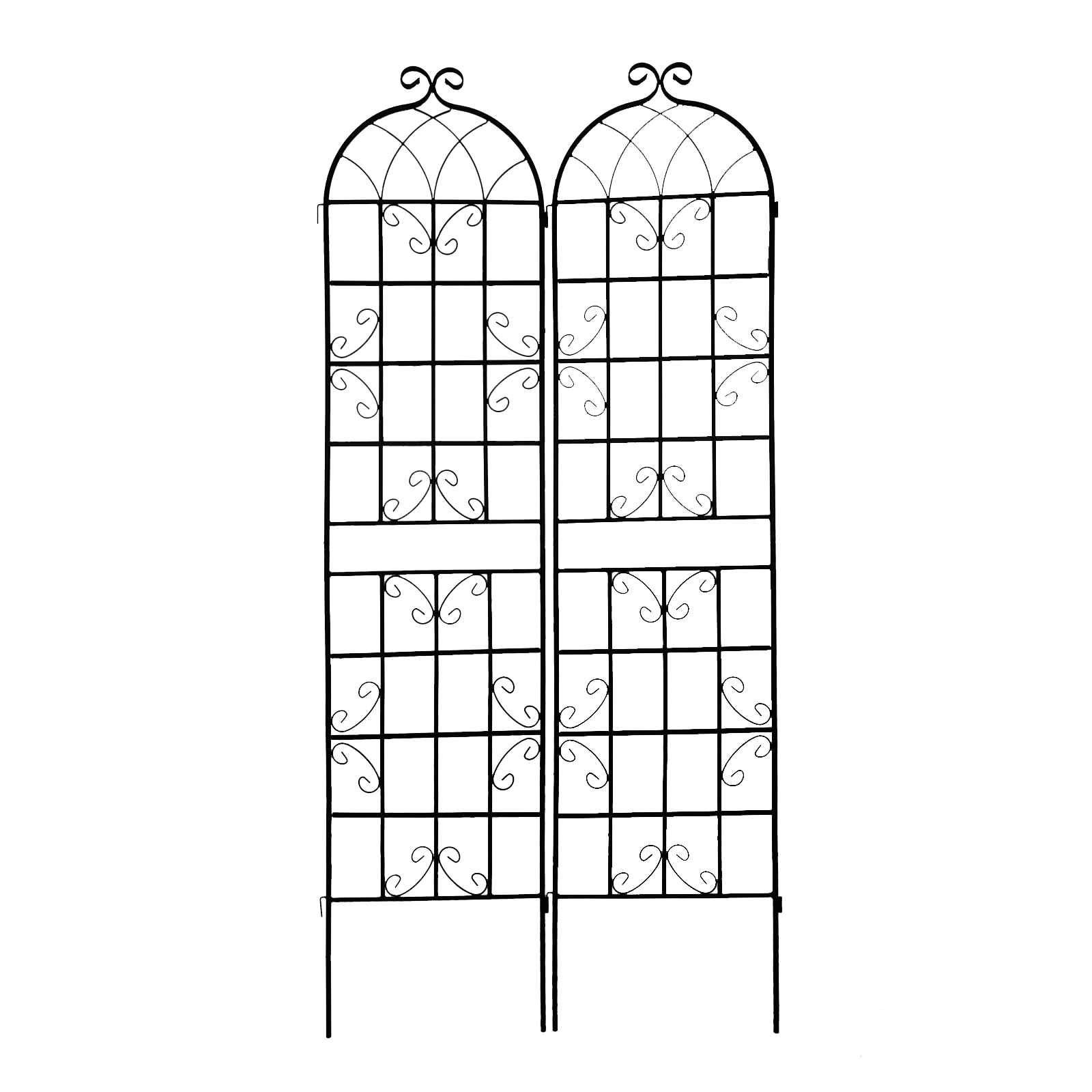 Black metal garden trellis with arched top and scroll details two panels