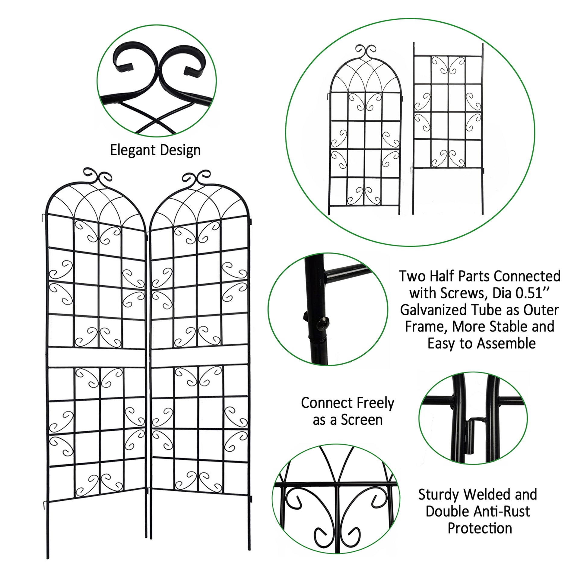 Black metal garden trellis with elegant scrolling detail ideal for climbing plants