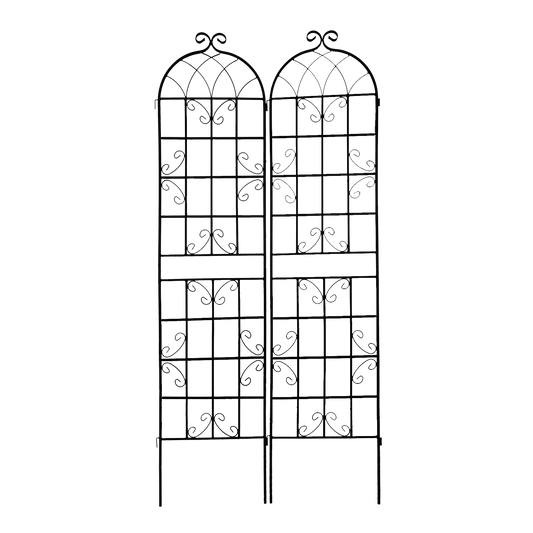 Black wrought iron garden trellis with arched top and scroll details