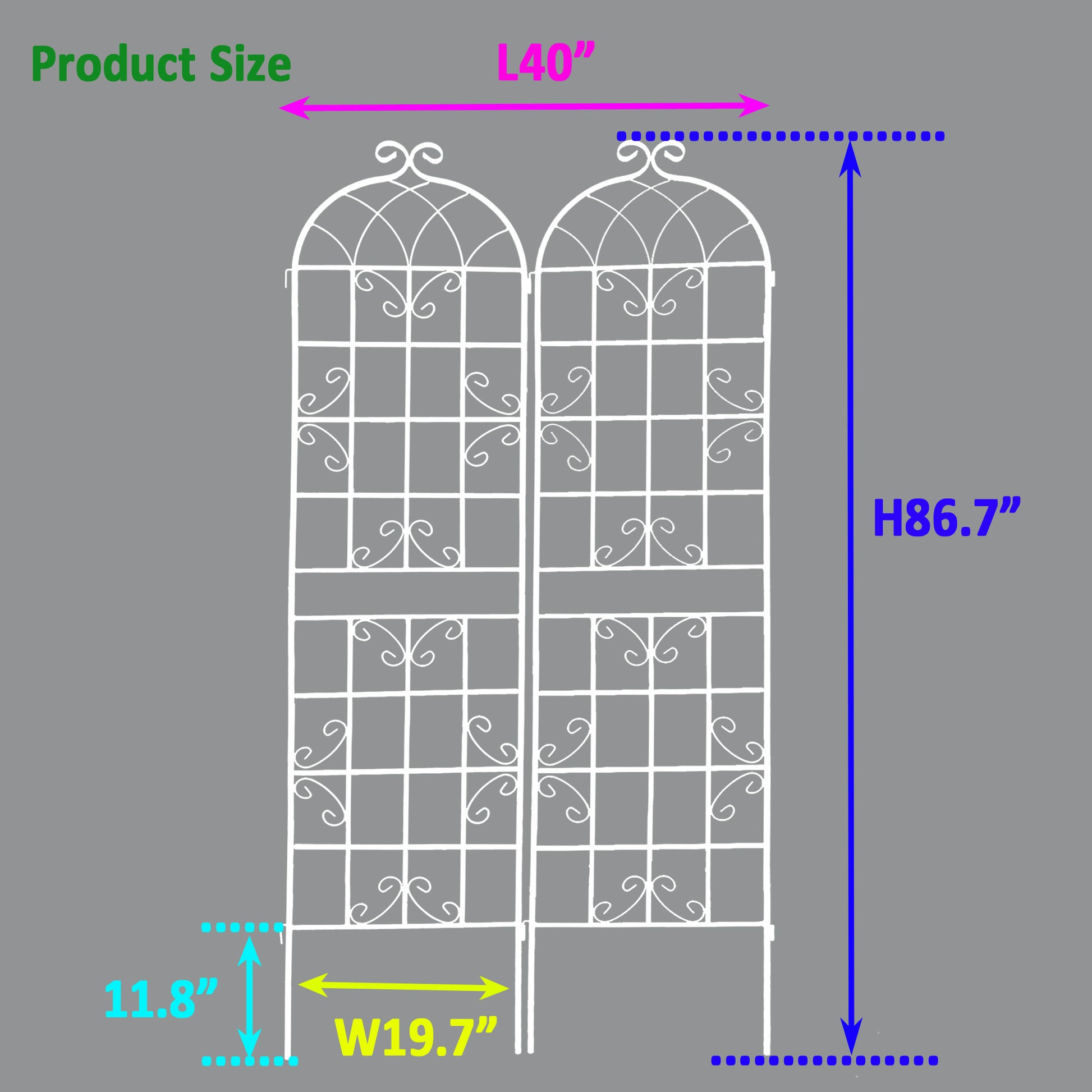 White wrought iron garden trellis with scroll accents L x H W D