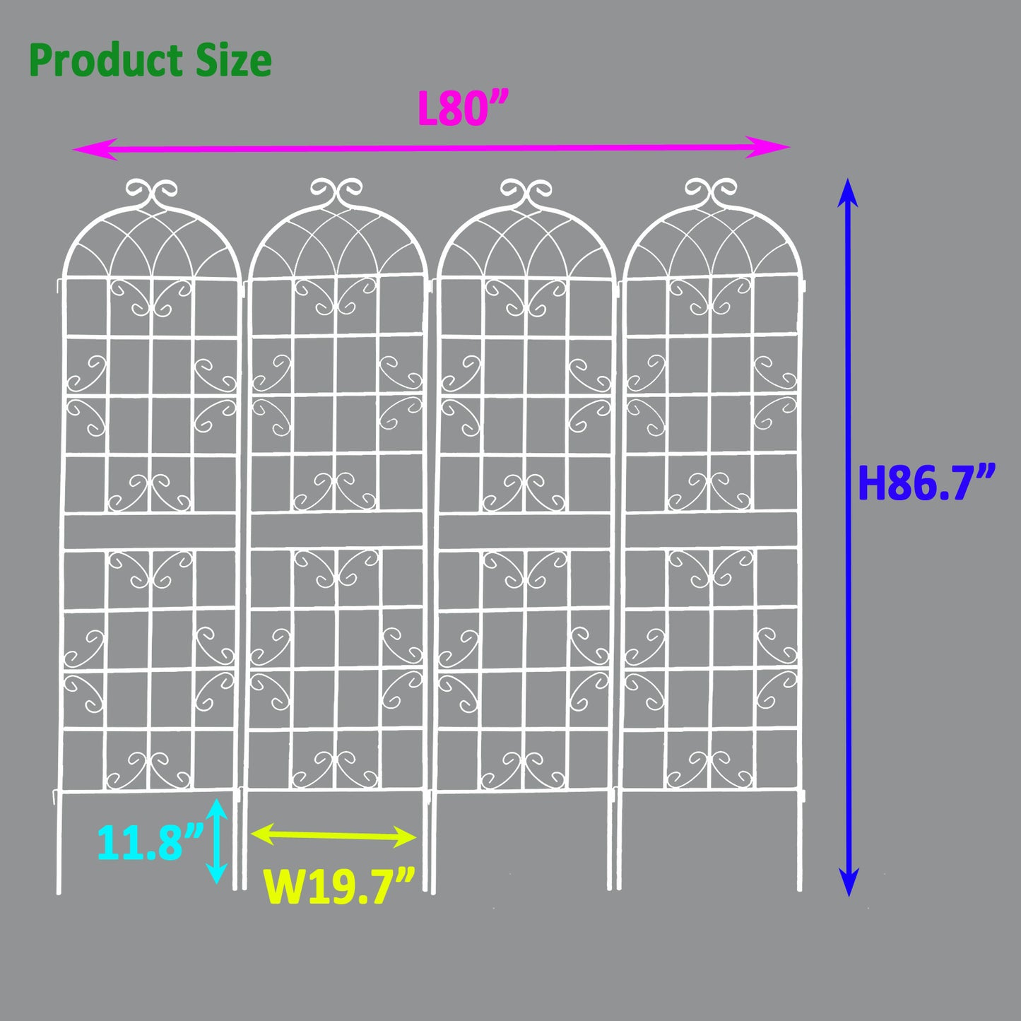White metal garden trellis with decorative scrollwork  L x  H