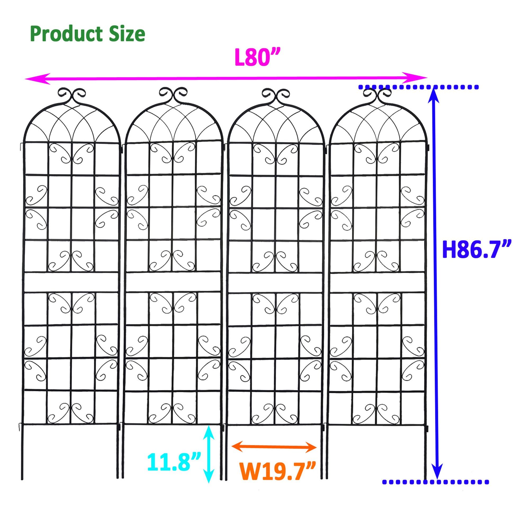 Black metal garden trellis with decorative scrollwork  H x  L for climbing plants