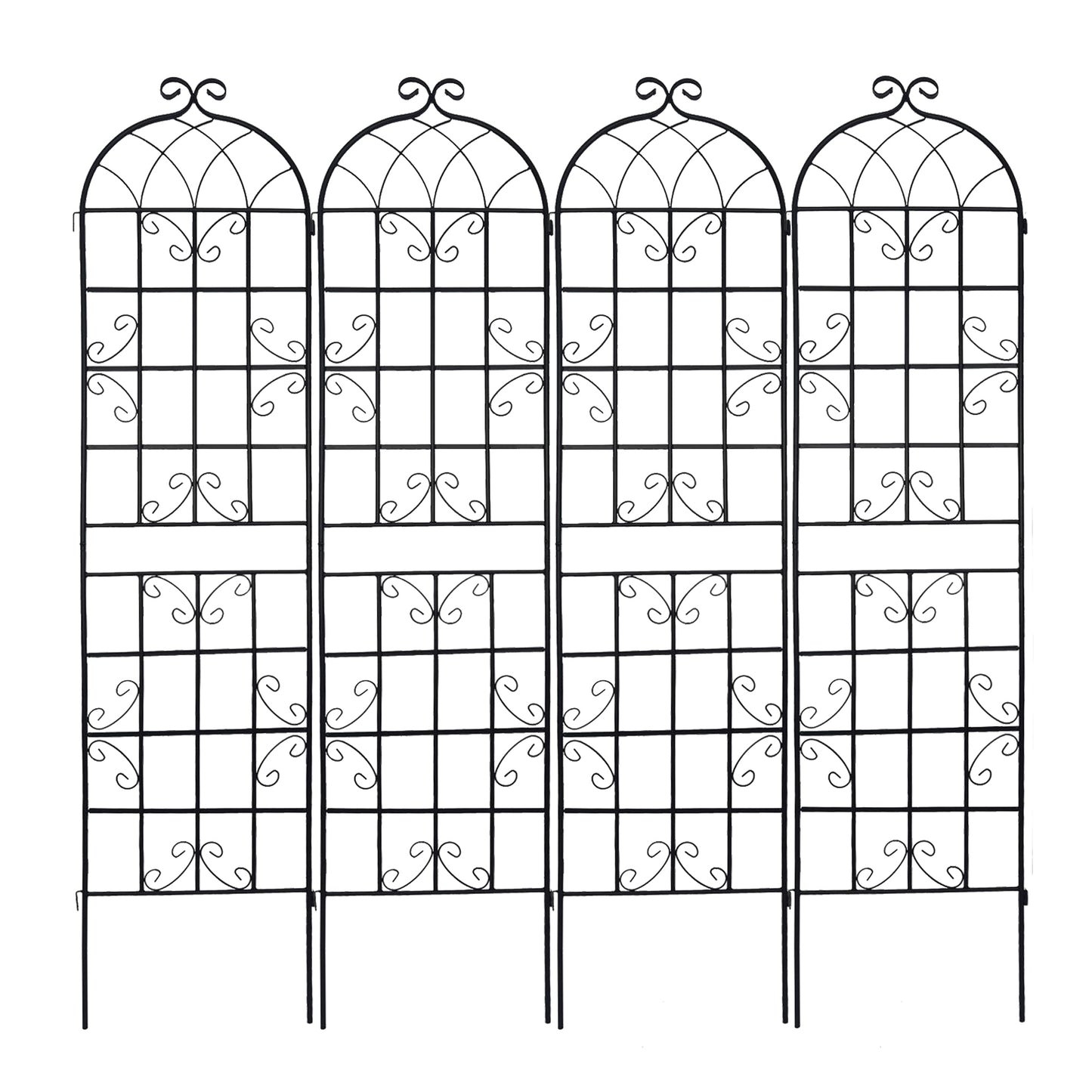 Black metal garden trellis with ornate scroll details and arched top
