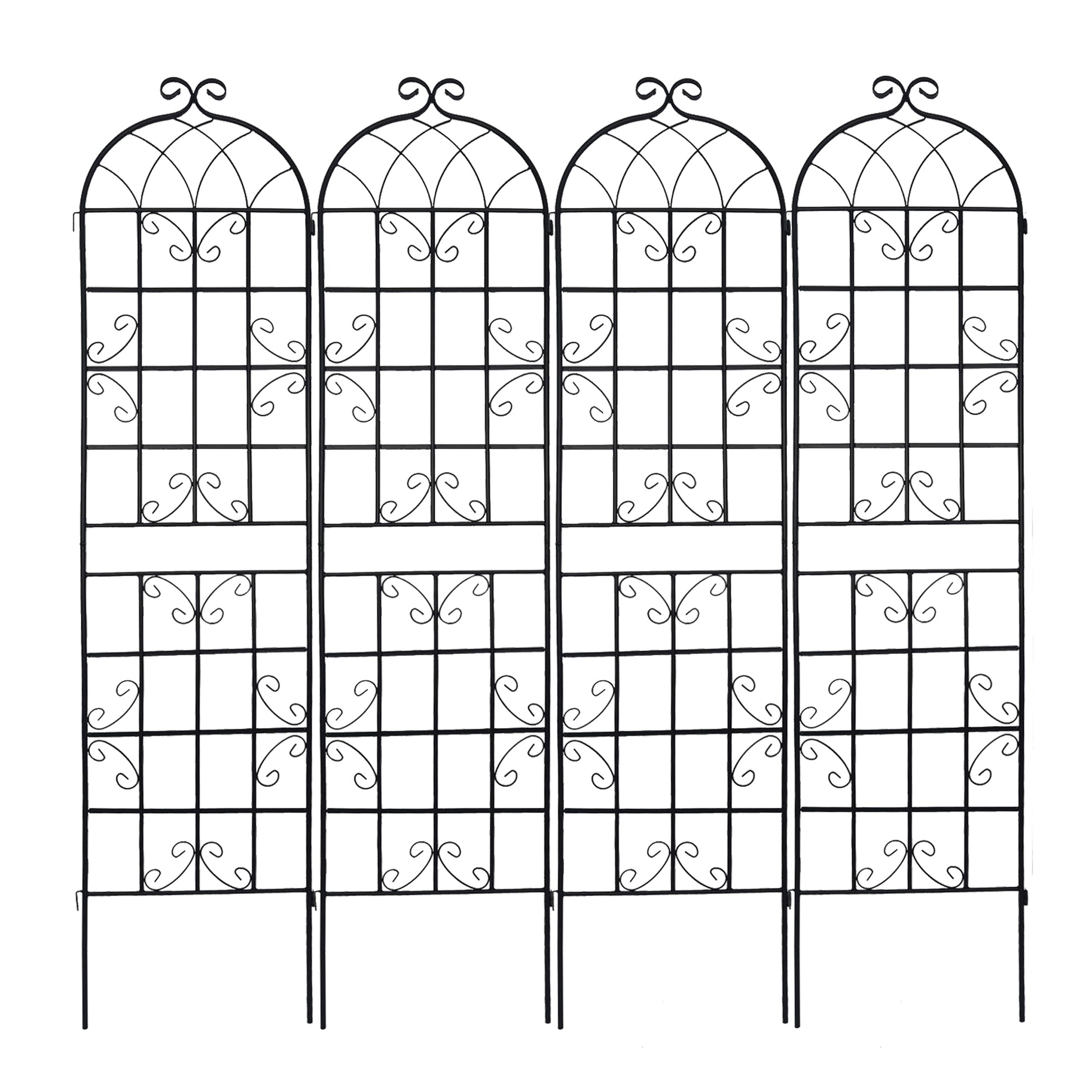 Black metal garden trellis with ornate scroll details and arched top
